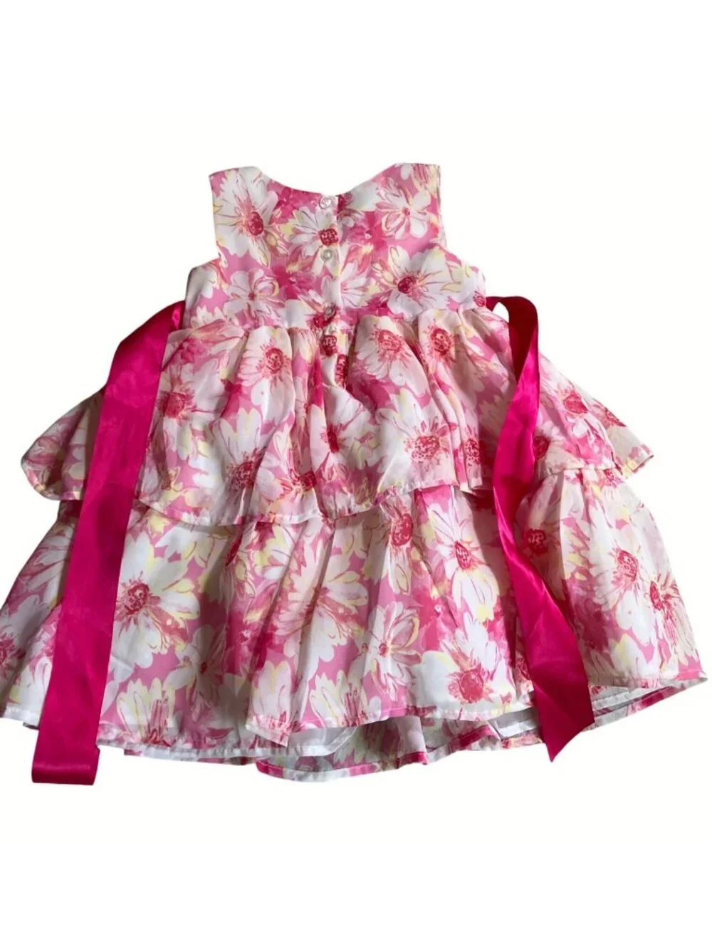 Pink White Floral Sleeveless Tiered Girls Dress With Pink Sash & Flower Size 4